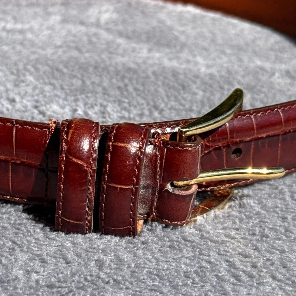Ralph Lauren Mens Brown Crocodile Embossed Leather Belt Gold Buckle Dress Belt M - Picture 5 of 14